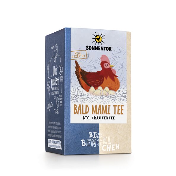 Photo of a pack Soon Mommy tea. On it you can see a hen in her nest.