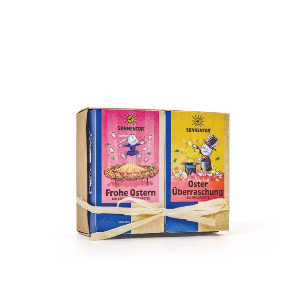 Gift box with Happy Easter tea and Easter Surprise tea tied together with a bow.